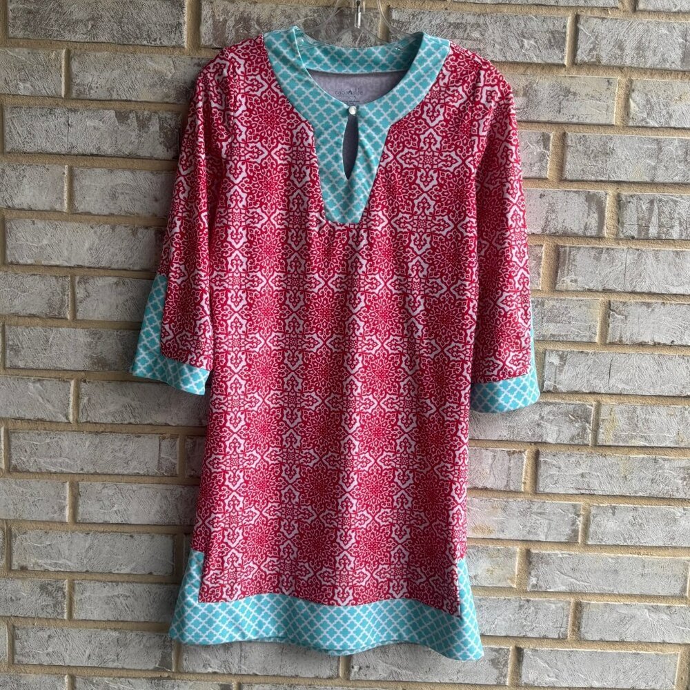 Cabana Life 3/4 Split Sleeve Keyhole Neck Geo Tunic Mini Dress Women's Size S